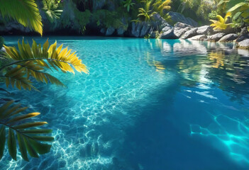 Background of tropical leaves with clear water in the background, concept of relaxation and...
