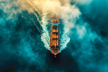 Cargo container ship at sea, top view - obrazy, fototapety, plakaty