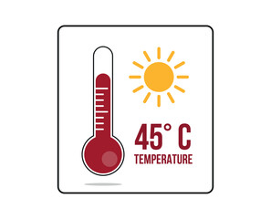 45° C. Thermometer 45 degrees Celsius. Vector for weather and climate forecast with yellow sun