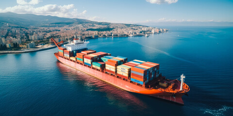 Large container cargo ship transports cargo to the blue sea - obrazy, fototapety, plakaty