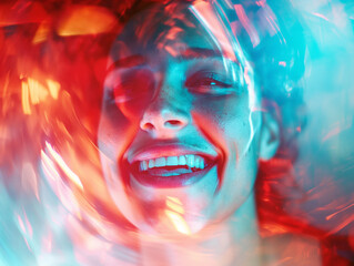 Young woman happy and laughing in a night club, party  timestate of mind,  chromatic aberration image in blue and red, 