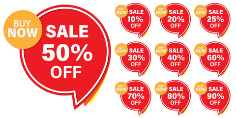 Different discount price 10, 20, 25, 30, 40, 50, 60, 70, 80, 90 Promotion sticker badge set for shopping marketing and advertisement clearance sale, special offer, Save money. Vector illustration.