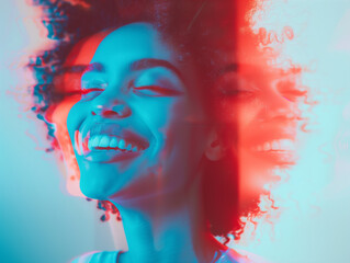Young woman happy and laughing in a night club, party  timestate of mind,  chromatic aberration image in blue and red, 