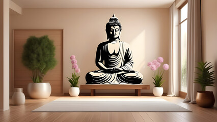 Oriental style yoga room, beige tones, Buddha painting on the wall.