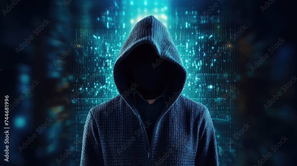 Poster abstract image of unrecognizable hacker cyber criminal in hood with dark space and matrix face on bl