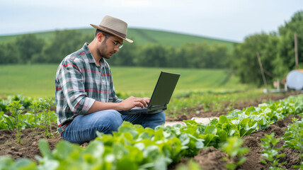 Man working outdoors using laptop in vegetable garden.
