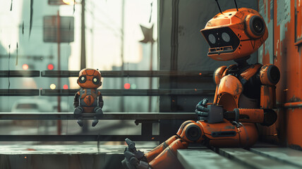 An orange robot sits lonely in a big city.