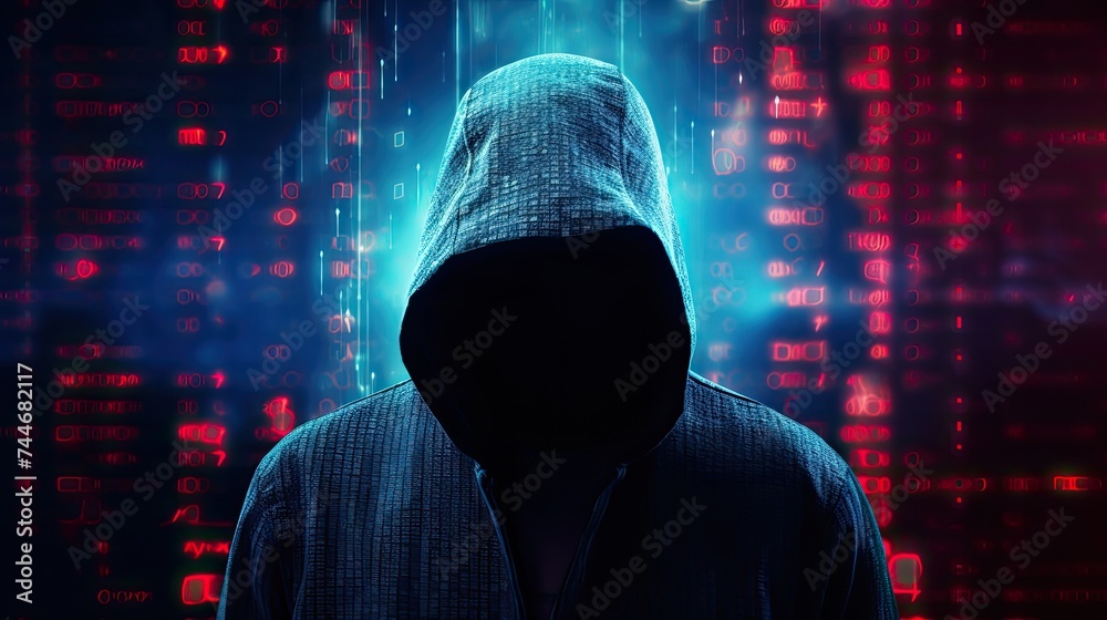 Poster abstract image of unrecognizable hacker cyber criminal in hood with dark space and matrix face on bl