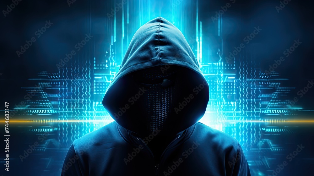 Poster abstract image of unrecognizable hacker cyber criminal in hood with dark space and matrix face on bl