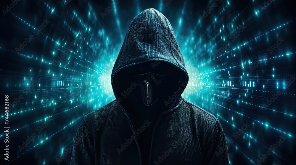 Poster abstract image of unrecognizable hacker cyber criminal in hood with dark space and matrix face on bl