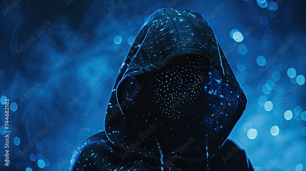 Poster abstract image of unrecognizable hacker cyber criminal in hood with dark space and matrix face on bl