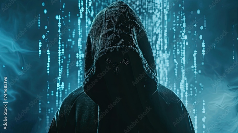 Poster abstract image of unrecognizable hacker cyber criminal in hood with dark space and matrix face on bl