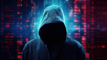 Abstract image of unrecognizable hacker cyber criminal in hood with dark space and matrix face on blue digital background. Security system cyber attack - obrazy, fototapety, plakaty