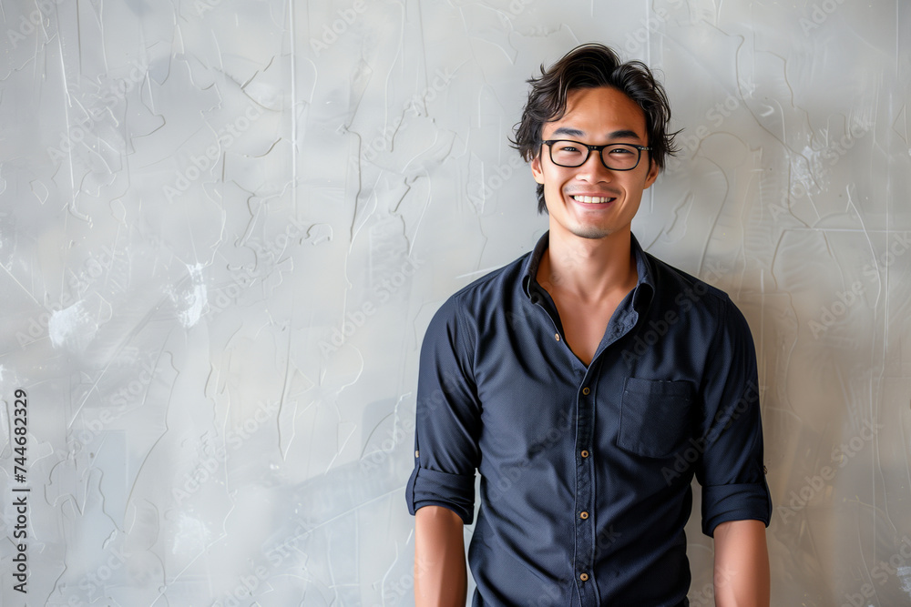 Wall mural Smiling Young Asian Man in Stylish Glasses and Black Shirt Over Modern Textured Background