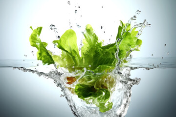dynamic splash of lettuce immersed in water.