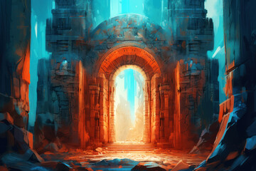 Explore an ancient gateway bathed in ethereal light - obrazy, fototapety, plakaty
