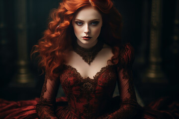 Captivating digital artwork of a woman with flowing red hair in a burgundy gown