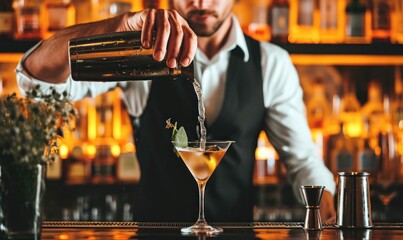 Barman making cocktail at night club. Bartender pouring alcohol from shaker into martini glass. Beverage life style concept, Generative AI - obrazy, fototapety, plakaty