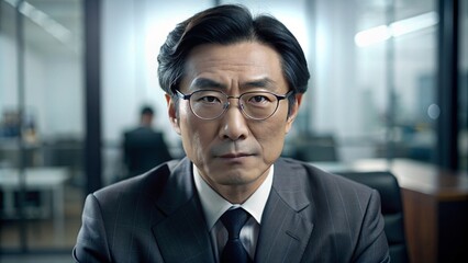 Portrait of a serious confident Korean man inside office at workplace, businessman in shirt and glasses looking at camera, mature boss, financier accountant. - obrazy, fototapety, plakaty
