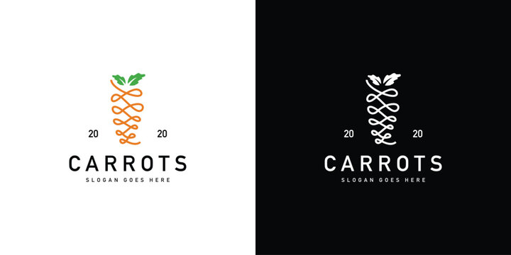 Creative Carrots Logo. Fresh Vegetable with Linear Outline Style. Organic Food Logo Icon Symbol Vector Design Template.