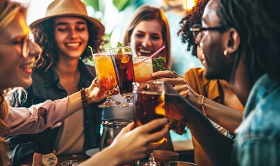 Multiracial friends celebrating party drinking cocktails at bar restaurant. Young people having fun hanging out on weekend day. Life style concept with guys and girls enjoying, Generative AI