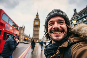 Smiling man taking selfie picture in London, England. Young tourist male taking memory pic with iconic england landmark. Weekend holidays concept, Generative AI - obrazy, fototapety, plakaty