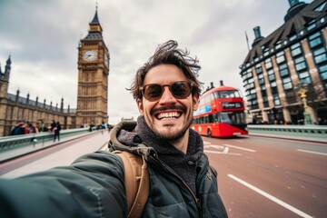 Fototapeta na wymiar Smiling man taking selfie picture in London, England. Young tourist male taking memory pic with iconic england landmark. Weekend holidays concept, Generative AI