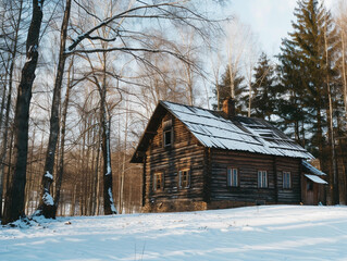 Secluded Winter Cabin in Snowy Forest