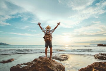 Happy man with backpack standing with arms up at the beach. Delightful tourist enjoying summer vacation by the seaside. Traveling life style and well being, Generative AI