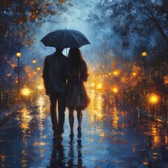 A beautiful couple carrying an umbrella when the rainy season arrives is seen from behind at night on an urban day. concept for affection, couples day, mutual love, harmony etc. Generative Ai
