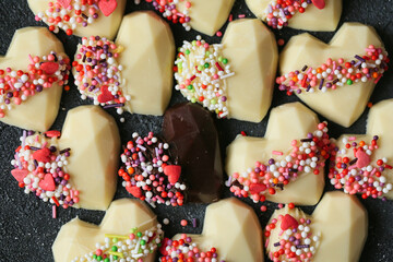 Assorted Heart-Shaped Cookies Covered in Colorful Sprinkles