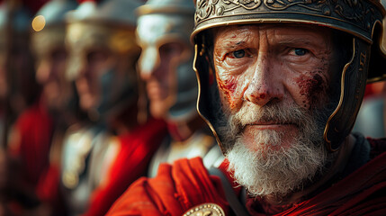 16:9 General at the front of a line of Roman warriors. - obrazy, fototapety, plakaty