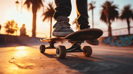 Fotobehang skateboarder skateboarding at skatepark sunset cityscape background © Jioo7
