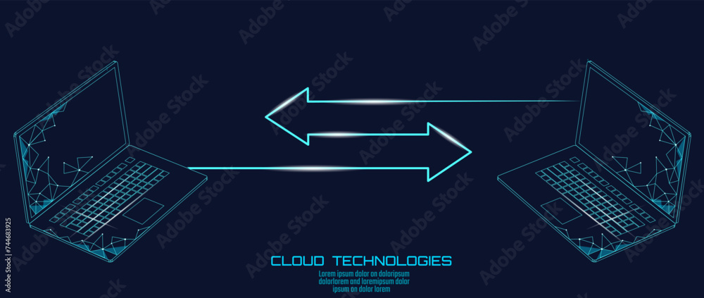 Wall mural laptop cloud data transfer. computer online cloud data storage technology progress upgrade software 