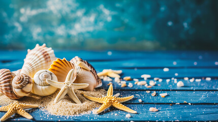 Fototapeta na wymiar Seashells and starfish on blue wooden background with copy space