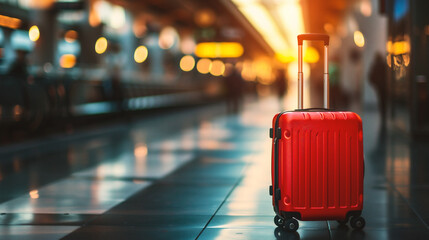 travel suitcase with bokeh lights background. Travel concept. - obrazy, fototapety, plakaty