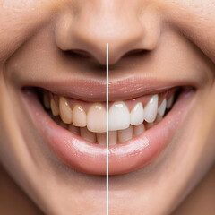 Close up woman's teeth before and after whitening.