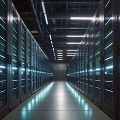 Shot of an empty server room,Shot of two young workers using a laptop in a server room,Server room,Server data room,Server room data center for cloud computing.