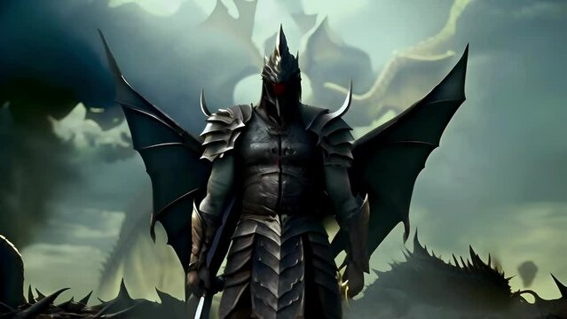 a mythical dragon creature with black scales and glowing red eyes preparing to attack in a gloomy environment.
Concept: video game and characters of knights, fantasy with adventures.
