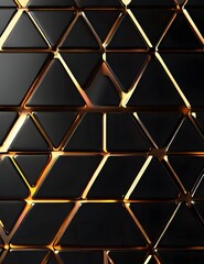 Luxury triangle abstract black metal background with golden light lines. Dark 3d geometric texture illustration. Bright grid pattern. Pure black horizontal banner wallpaper. Carbon elegant wedding Gen