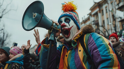 Portrait of a young clown  shouting with a megaphone at a crowded place ,Gripping megaphone with conviction, amplifying voice in powerful protest demonstration - obrazy, fototapety, plakaty