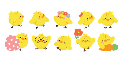 Set of cute easter chicks vector. Happy Easter animal element with yellow chicks in different pose, flower, egg, rabbit. Chicken character illustration design for clipart, sticker, decor, card.