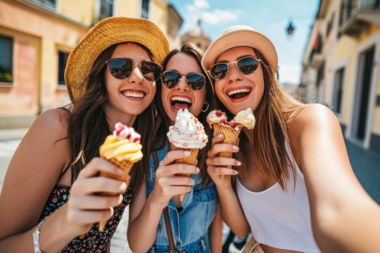 Three cheerful teenage women eating ice cream cones on city street. Happy female tourists enjoying summer vacation in Italy. Laughing girl friends taking selfie picture outside. Generative AI