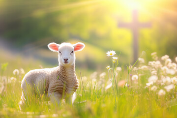 Fototapeta premium Cute lamb in a meadow with a cross in the background. Easter concept.