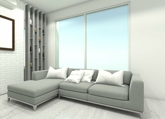 Comfortable Living Room Design with Sofa and Wooden Partition