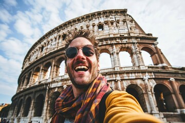 Happy tourist visiting Colosseum in Rome, Italy. Young man taking selfie in front of famous Italian landmark. Travel and holidays concept, Generative AI