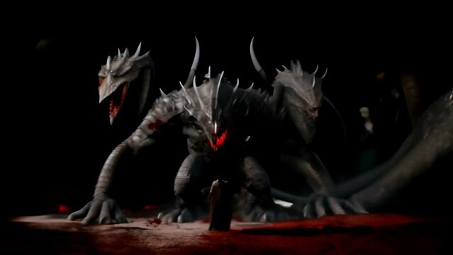 a mythical dragon creature with black scales and glowing red eyes preparing to attack in a gloomy environment.
Concept: video game and characters of knights, fantasy with adventures.