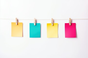 Blank white note cards with colorful tops clipped on a string against a white background, ready for personalization.