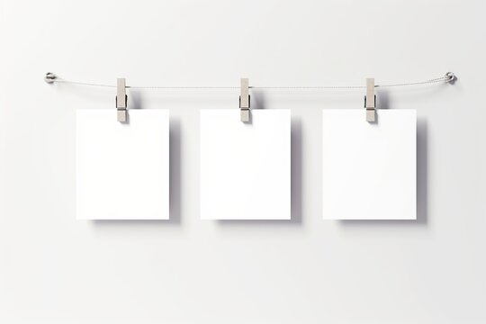 Blank white note cards with colorful tops clipped on a string against a white background, ready for personalization.