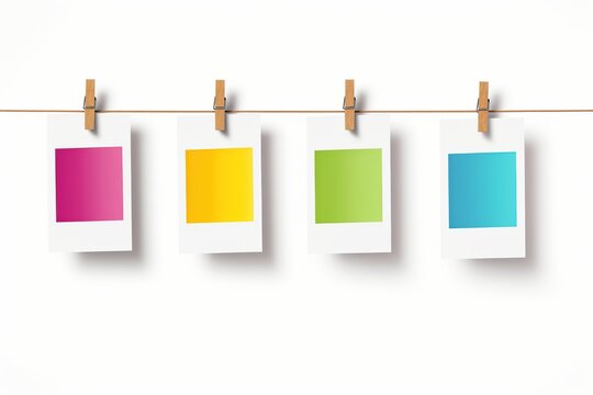Blank white note cards with colorful tops clipped on a string against a white background, ready for personalization.